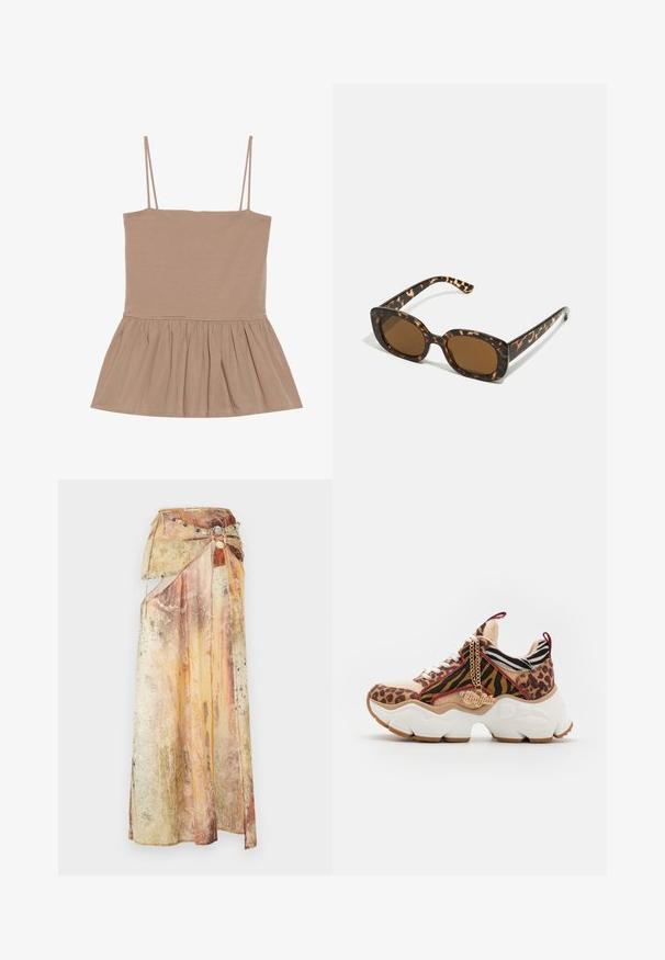 Haut sans manches couleur marron clair avec de fines bretelles, un corsage ajusté et un ourlet peplum évasé, confectionné dans un tissu doux au toucher lisse.; Jupe longue drapée en tissu texturé superposé, dans des tons chauds de jaune, orange et marron. Présente une ceinture décorative en perles.; Sneaker épais avec un design mixte de motifs animaliers featuring des motifs de léopard et de tigre. Semelle blanche avec des détails en matériel doré et des accents rouges.; Lunettes de soleil en écaille de tortue avec une monture ronde et épaisse et des verres marron. Présente des motifs subtils et des branches droites et effilées.