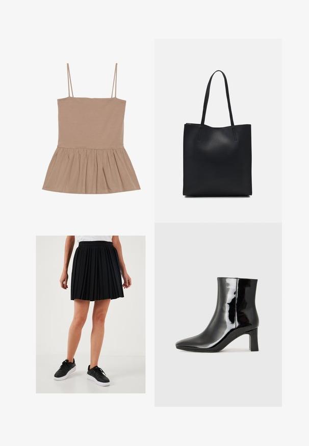 Lichtbruine mouwloze top met dunne bandjes, een aansluitende pasvorm en een uitlopende peplumzoom gemaakt van een zachte stof met een gladde textuur.; Zwarte geplooide rok met een hoge taille en een gladde textuur, gecombineerd met zwarte sneakers met witte zolen.; Zwarte gepolijste leren enkellaars met een spitse neus en een blokhak van gemiddelde hoogte. Glad textuur en minimalistisch ontwerp.; Zwarte leren handtas met een gladde textuur, rechthoekige vorm en twee lange handvaten. Geen zichtbare hardware of versieringen.