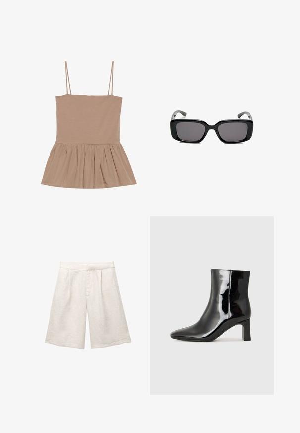 Vaaleanruskea hihaton toppi, jossa on ohuet hihnat, istuva vartalo ja korotettu peplum-helma, joka on valmistettu pehmeästä kankaasta, jossa on sileä pinta.; Vaaleanbeige pellavashortsit, joissa on leveä lahje, etupuolella laskokset ja sileä vyötärö. Kangas on hieman tekstuurinen.; Musta patenttilakattu nilkkuri, jossa on terävä kärki ja keskipitkä lohkarekorko. Silkkinen pinta ja minimalistinen muotoilu.; Mustat suorakulmaiset aurinkolasit tummilla linsseillä, sileä muovikehys ja kaarevat templet. Suunnittelu on jykevä ja minimalistinen.