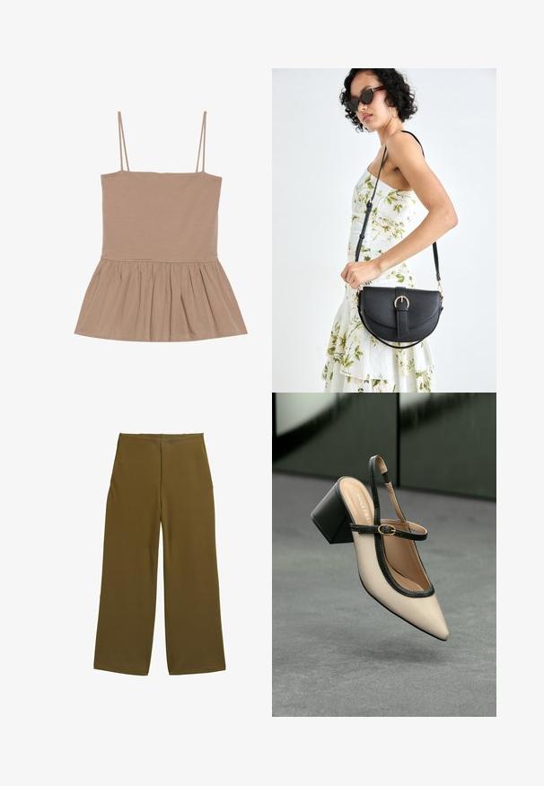 Világosbarna, ujjatlan felső vékony pántokkal, testhez simuló felsőrészsel és lágy szövetből készült, sima textúrájú, fodros peplum aljjal.; Zöld olívás színű, széles szárú nadrág, sima textúrával és látható záródás nélkül. Lazább szabású, tiszta vonalakkal készült.; Beige, hegyes orrú, pántos cipő fekete díszítéssel, arany csattal és vastag blokk sarokkal, szürke padlón, sötétzöld háttér előtt.; Fekete bőrtáska ívelt formával, levehető pánttal és arany színű fémrészekkel. A táskán egy csattal díszített fedél található.