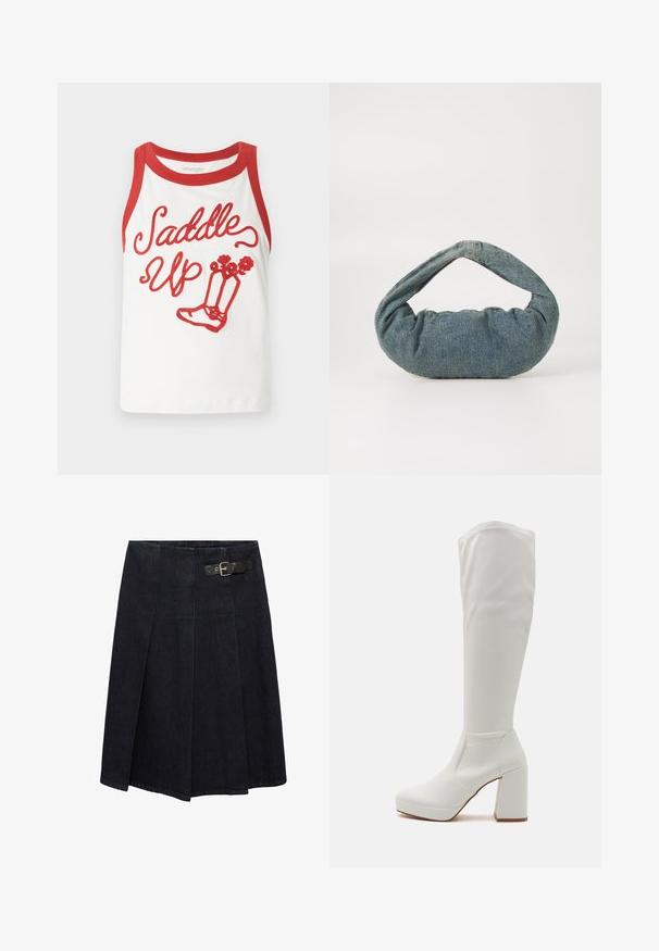 White tank top with red trim, featuring "Saddle Up" text and boots graphic in red embroidery. Smooth fabric, casual design. Sizes may vary.; Dark denim skirt with a fitted waist, side buckle detail, pleated design, and a slightly flared silhouette. Seam detailing throughout.; RAID CANNON - Platform boots - white; Blue denim bag with a padded, rounded shape and a curved handle. The texture is soft, featuring visible stitching and a smooth finish.