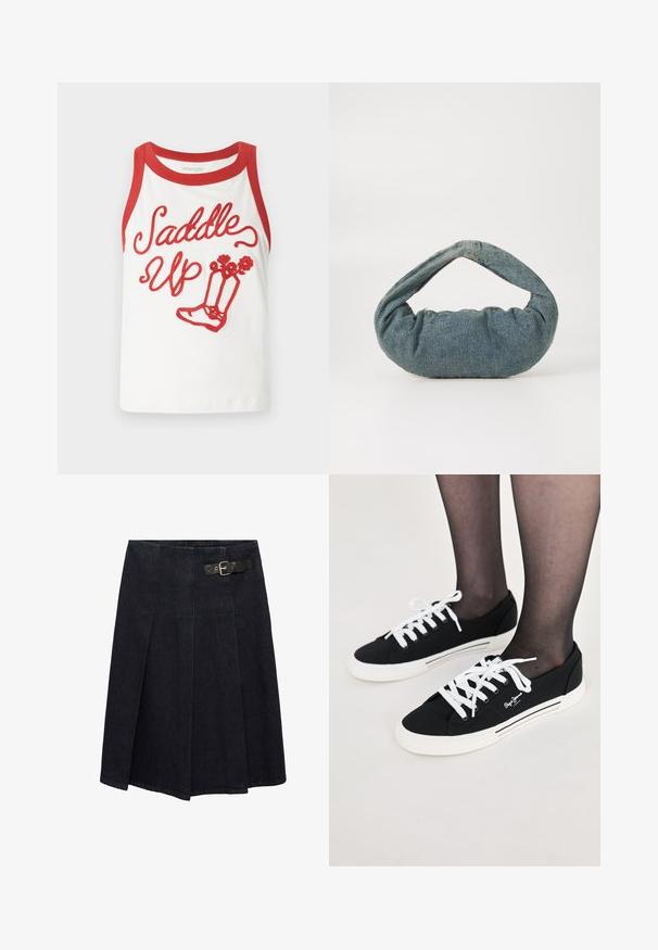 Bijela majica bez rukava s crvenim obrubom, s natpisom "Saddle Up" i grafikom čizama u crvenoj vezici. Glatka tkanina, ležeran dizajn. Veličine se mogu razlikovati.; Tamni traper suknja s uskim strukom, detaljem kopče sa strane, nabranim dizajnom i blago izbačenim siluetom. Detalji šavova po cijeloj suknji.; Crne platnene tenisice s bijelim vezicama, bijelim gumastim potplatima i bočnim prugama. Sadrže logo na vanjskim stranama.; Plava traper torba s podstavljenim, zaobljenim oblikom i zakrivljenom ručkom. Tekstura je meka, s vidljivim šavovima i glatkom završnom obradom.
