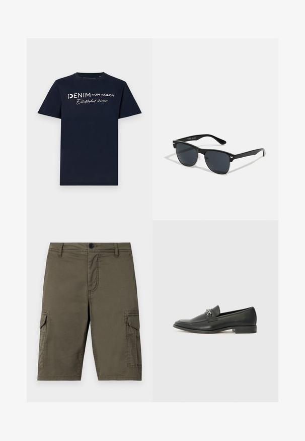 Navy blue cotton t-shirt features short sleeves and a crew neckline. Front displays white text "DENIM TOM TAILOR Established 2007" in various fonts.; Olive green cargo shorts made of textured fabric featuring two side pockets and a front button closure. Mid-length with straight cut.; Black leather loafer with a smooth finish, featuring a stitched design and a decorative metal chain accent across the vamp. Flat heel.; Black sunglasses with a rectangular shape, dark lenses, silver accents at the temples, and a matte finish on the frame.