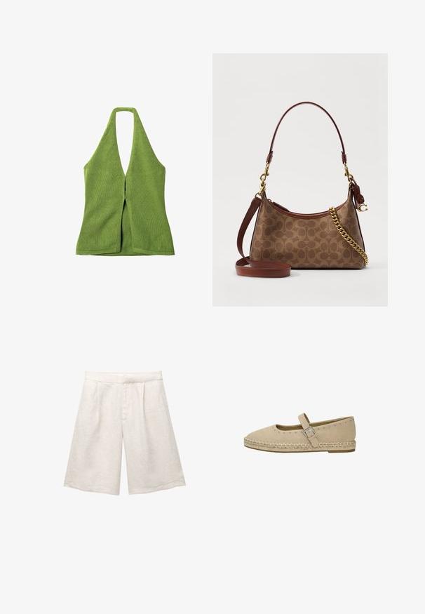 Haut en tricot vert à bretelles, présentant un décolleté en V profond et une fente à l'avant, avec une finition texturée et des bords renforcés.; Shorts en lin beige avec une jambe large, présentant des plis à l'avant et une taille lisse. Le tissu a une finition légèrement texturée.; Chaussure en suède beige avec un bout arrondi, une bride à la cheville, des clous en argent décoratifs le long du bord et une semelle de style espadrille tissée.; COACH JULIET SHOULDER BAG 25 IN SIGNATURE CANVAS - Sac à main - tan; Bracelet en métal ton or avec des sections interconnectées et flexibles, présentant une texture lisse et rainurée. Design circulaire avec une finition réfléchissante.