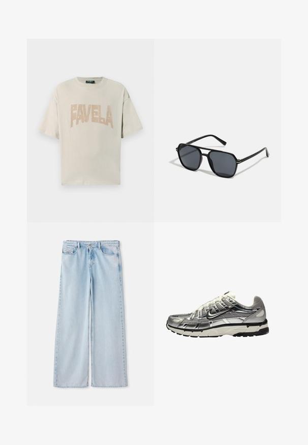 Light beige cotton t-shirt with short sleeves and a round neckline, featuring the word "FAVELA" in a contrasting tan block font.; Light blue wide-leg jeans with a classic five-pocket design, featuring a standard waistband and unfinished hem. Soft denim texture with slight fading.; Silver and black athletic shoe with a mesh and synthetic upper, voluminous design, and a textured finish. Features a padded collar and rubber sole.; Black sunglases with octagonal frame, dark lenses, glossy finish, thin temples, and gold accents on the front.