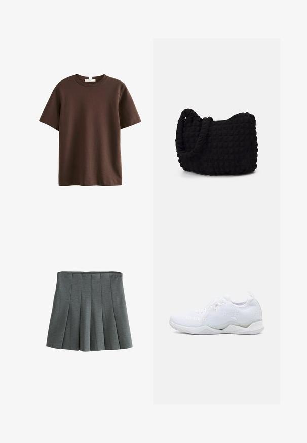 Next STANDARD brązowy; Szara plisowana spódnica z lekkiego materiału, z dopasowaną talią i strukturami plis, które tworzą rozkloszowaną sylwetkę.; Białe sportowe buty z teksturowaną cholewką z dzianiny, z lekką podeszwą i subtelnymi akcentami geometrycznymi. Widoczna nazwa marki "Kempa".; Czarna torba z materiału o fakturowanym, pikowanym wzorze. Owalny kształt, krótkie, grube rączki oraz miękka, elastyczna struktura.