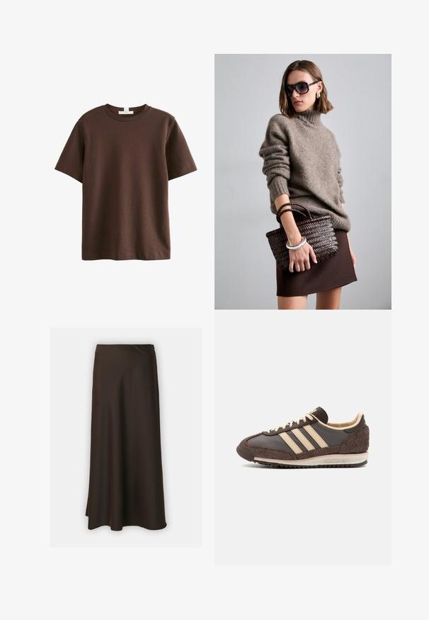 Next HEAVYWEIGHT SHORT SLEEVE CREW NECK STANDARD - Tričko s potlačou - chocolate brown; Selected Femme SLFLENA - sukňa v tvare A - coffee bean; Hnedá športová teniska s koženým a semišovým zvrškom, krémovým trojitým pruhom, textúrovanou podrážkou a polstrovaným golierom.; DRAGON DIFFUSION MINI FLAT GORA - Kabelka - dark brown