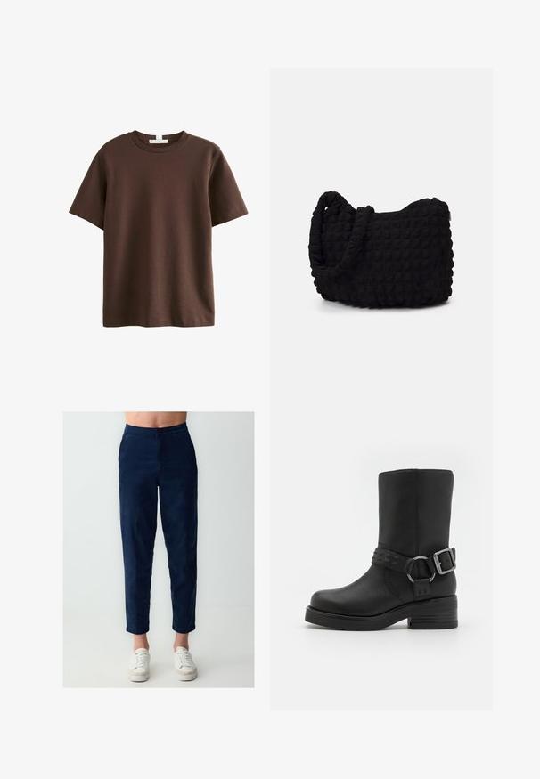 Next HEAVYWEIGHT SHORT SLEEVE CREW NECK STANDARD - T-shirt imprimé - chocolate brown; Pantalon en mélange de coton bleu marine avec une jambe droite, doté d'une fermeture à bouton, de poches latérales et d'une texture douce. Assorti avec des baskets blanches.; Botte cheville en cuir noir avec un bout rond, un talon épais et une sangle décorative à boucle autour de la cheville. Fini texturé.; Sac en tissu noir avec un motif texturé et matelassé. Forme arrondie, poignées courtes et épaisses, et structure souple et flexible.