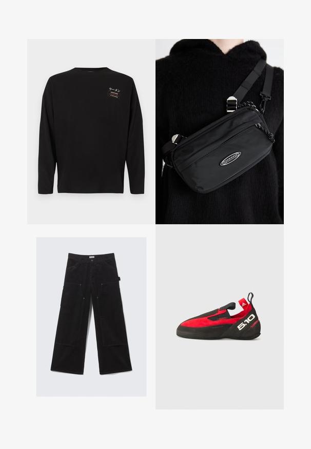 Ilgomis rankovėmis juoda medvilninė marškinėliai. Kairėje krūtinės pusėje yra mažas audinio lopas su japoniškais rašmenimis ir stačiakampiu dizainu.; Juodos plačios kojos velveto kelnės su didelėmis priekinėmis kišenėmis ir diržo kilpomis, pasižyminčios mygtuku ir užtrauktuku.; Raudonos ir juodos kopimo bateliai su zomšinėmis viršutinėmis dalimis, guminiu padu ir užtrauktuku. Ypatybės: slip-on dizainas ir išskirtinė "5.10" ženklas.; Juodas nailono per petį nešiojamas krepšys su reguliuojama juosta, turintis lygią tekstūrą, priekinį užtrauktuką ir logotipo akcentą.