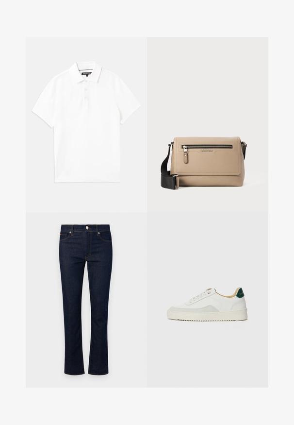 Camisa polo branca feita de uma mistura de algodão respirável, apresentando colarinho, mangas curtas e uma pala com três botões. Textura suave, sem padrões.; Jeans de ganga com um tom azul escuro, design de perna reta, cinco bolsos e costura em contraste. Apresenta um fecho frontal com botão.; Tênis brancos com detalhes em camurça, bico arredondado, atacadores planos e sola de borracha creme. Apresenta uma marcação verde no calcanhar.; Mala de ombro em couro bege com acabamento texturizado, apresentando um bolso frontal com fecho e uma alça preta ajustável. Logótipo exibido na parte da frente.