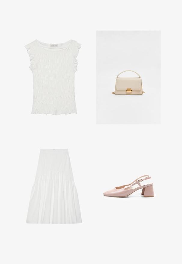 Haut court à manches courtes en tissu smocké avec bords volantés, un col décontracté et une finition texturée sur l'ensemble.; Jupe blanche, arrivant au genou, en coton. Présente des détails froncés à la taille, une texture lisse et une silhouette A-line simple et classique.; Chaussure slingback en cuir verni rose avec un orteil carré, une sangle réglable et un talon carré. Surface lisse et design minimaliste.; Sac à main en cuir beige avec un design structuré, une poignée supérieure, une chaîne et un fermoir en métal doré. Texture lisse et lignes épurées.