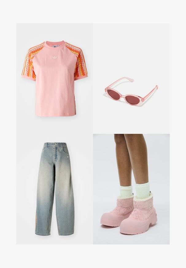 Pink cotton t-shirt with short sleeves, featuring a zigzag patterned fabric in orange and yellow on the shoulders, and an embroidered logo.; Light blue denim wide-leg jeans with a faded finish. Features front pockets, a button closure, and a subtle logo on the waistband.; Pink rubber boots with textured fuzzy upper, soft lining, and chunky sole. Worn with pale green fluffy ankle socks.; Pink transparent sunglasses with oval lenses, dark red tint, and slender arms, featuring a smooth finish and subtle detailing on the frame.