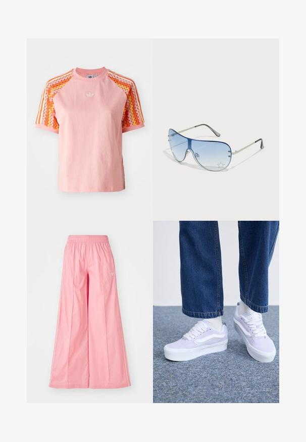 T-shirt en coton rose à manches courtes, avec un tissu à motif zigzag orange et jaune sur les épaules, et un logo brodé.; Pantalons larges roses en tissu léger, dotés d'une ceinture élastique et de rayures blanches discrètes sur les côtés. Petit logo sur le devant.; Baskets en suede violet clair avec des accents blancs, lacets plats et une épaisse semelle blanche, portées avec des chaussettes claires et un pantalon en denim ample.; Lunettes de soleil aviateur avec des verres dégradés bleus, une monture en métal argenté et des accents décoratifs en forme d'étoile sur les verres. Design lisse et élégant.