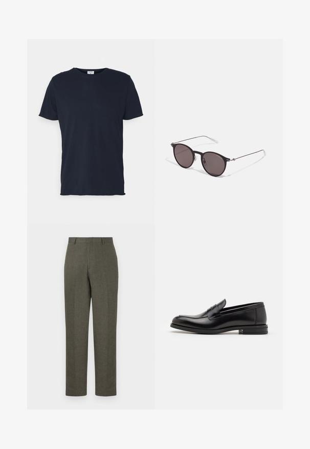 Tricou din bumbac bleu marin, cu guler rotund și mâneci scurte, având o textură netedă și un design simplu, fără modele sau accente vizibile.; Pantaloni din in de culoare verde măsliniu, cu croială dreaptă, având o textură fină și un design cu față netedă. Cusături subtile și fără feronerie vizibilă.; Mocasini din piele neagră cu o textură netedă, vârf rotund și o curea decorativă peste partea superioară. Toc mic, design minimalist.; Ochelari de soare negri rotunzi cu lentile întunecate și brațe metalice subțiri. Include vârfuri transparente pentru brate și accente argintii la balama. Design minimalist.