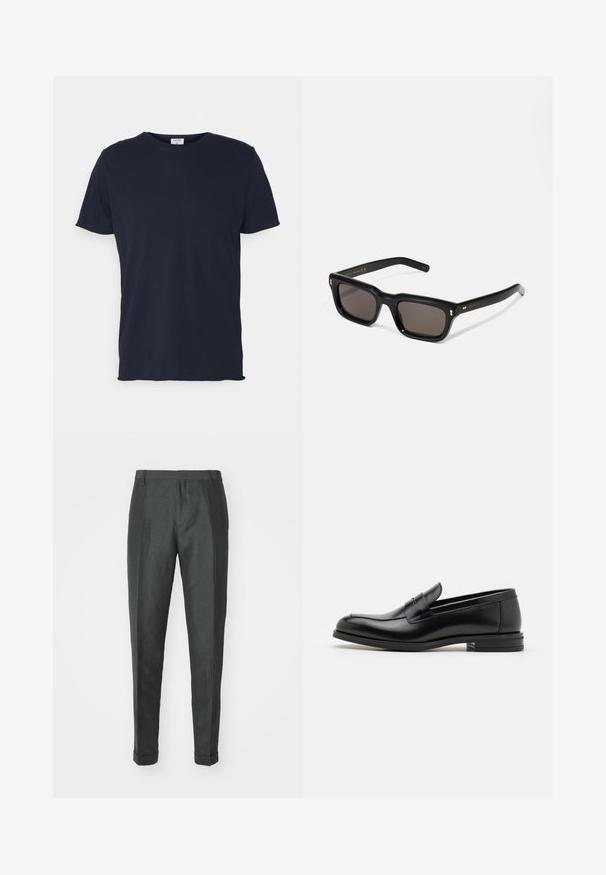 Camiseta de algodão azul marinho com decote redondo e mangas curtas, com uma textura suave e design simples, sem padrões ou detalhes visíveis.; Paul Smith TROUSER - Calças - dark green; Mocassins de couro preto com uma textura suave, bico arredondado e uma faixa decorativa sobre o peito do pé. Salto baixo e empilhado, design minimalista.; Óculos de sol retangulares pretos com lentes escuras, armação de plástico espesso, detalhes em dourado nas hastes e logotipo da marca gravado na lateral.