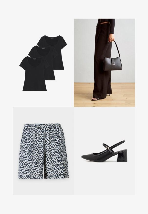 Trois t-shirts noirs à manches courtes en tissu doux, avec un col en scoop et une coupe classique au toucher lisse.; Shorts à motifs présentant un design géométrique bleu marine et blanc, taille élastique, coupe classique, avec une texture de tissu douce et légère.; Escarpins slingback en cuir verni noir avec un embout pointu, un design à découpes arrondies et un talon carré. Présente un accent de boucle en ton doré.; Sac à main noir à la forme structurée, texture lisse et fermoir métallique. Associé à un pantalon noir ample et des sandales ouvertes sur un sol en bois.