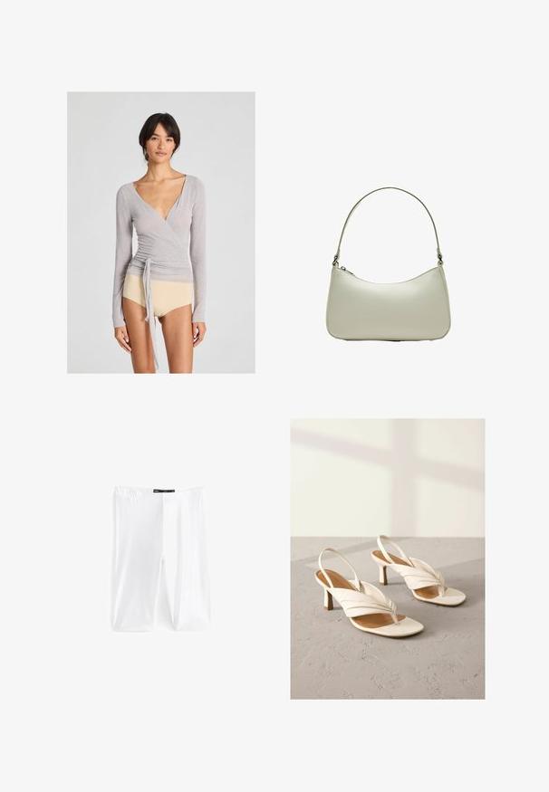 Grå langærmet indpakket skjorte i let materiale med dyb V-udskæring, der har en sidelukning og en tætsiddende silhuet, parret med beige bukser.; Hvide leggings lavet af strækbart materiale, med en elastisk talje og en glat overflade. Ingen mønstre eller yderligere detaljer synlige.; Hvide læder slingback hæle med snoet frontdesign, åben tå og en mellemstor blokhæl. Glat tekstur og minimale accenter.; Hobo taske i lys beige læder med en rund silhuet, slank skulderrem og lynlåslukning øverst. Glat tekstur med minimale accenter.