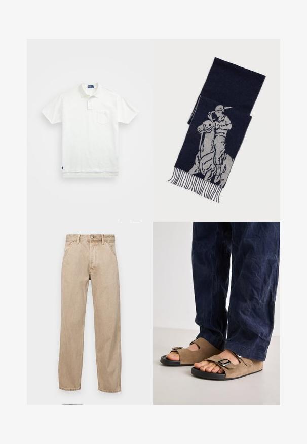 Valge polo särk, mis on valmistatud puuvillast, klassikalise kraega, kolme nööbiga kinnitusega ja vasakul rinnal taskuga; väike logo helmel.; Bežidemini teksased sirgjoonise kujundusega, front pocket'itega, metallist nööbi kinnitusega ja peene tekstuuriga.; Prunade nahkasaapad kahe reguleeritava rihmaga, mustade kummitaldade ja metallehega accent, koos tumedate siniste teksapükstega.; Tumedat sinine sall halli graafikaga polo mängijast hobusega, millel on friteeritud ääred.