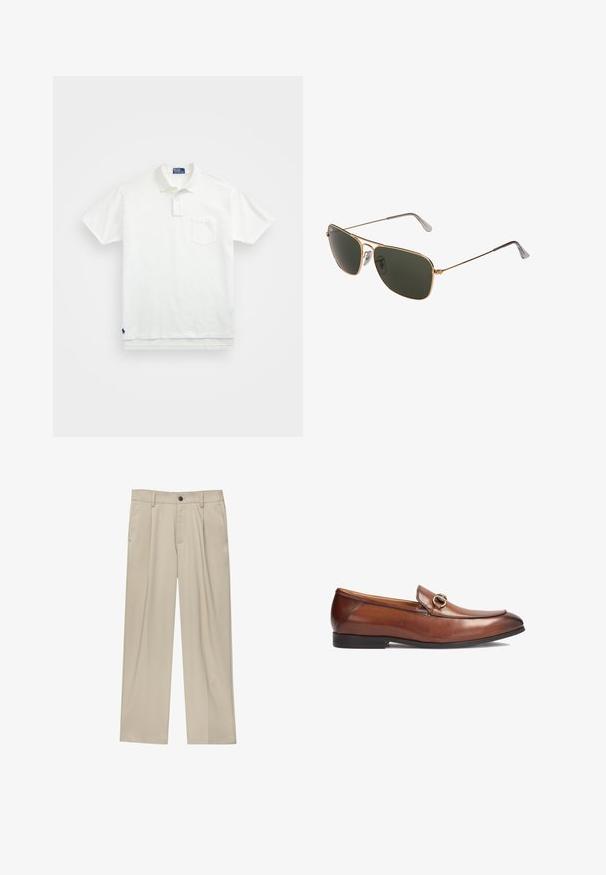 Witte poloshirt van katoen, met een klassieke kraag, een knoopsluiting met drie knopen en een borstzak aan de linkerkant; klein logo aan de onderrand.; Beige broek met een rechte snit, voorzien van een enkele zwarte knoop, riemlussen en zijzakken. Glad stoffen textuur en een minimalistisch ontwerp.; Bruine leren loafers met een ronde neus, gestikte details en een decoratieve metalen gespsier op de voorkant. Rubberen zool.; Gouden metalen aviator zonnebril met grote donker groene lenzen, voorzien van een dunne rand en transparante neuspads voor comfort.