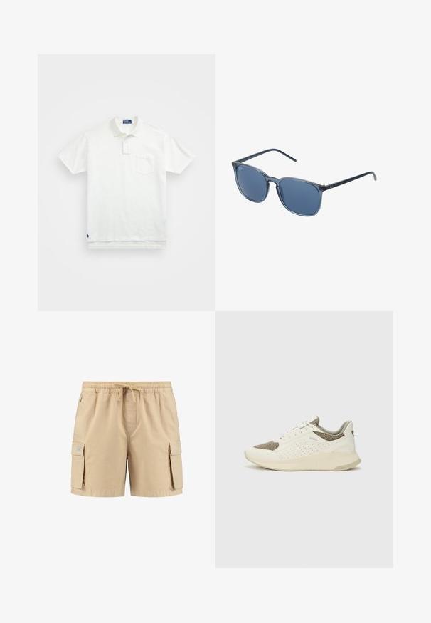White polo shirt made of cotton, featuring a classic collar, three-button placket, and a left chest pocket; small logo at the hem.; Beige cargo shorts with elastic waistband, drawstring, and two side pockets, featuring a smooth texture and minimal stitching details.; White and light beige athletic sneaker, featuring a mesh upper, perforated detailing, and a textured midsole with branding on the heel.; Blue rectangular sunglasses with grey tinted lenses, plastic frame, metallic accents, and a matte finish on the arms.