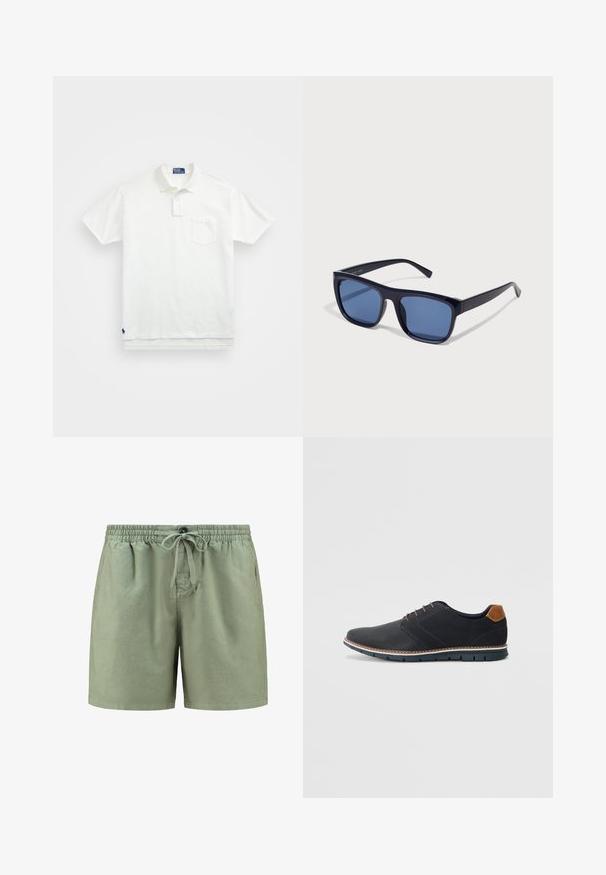 Bela polo majica iz bombaža, z klasičnim ovratnikom, trojnim gumbom in žepom na levi strani prsnega predela; majhna blagovna znamka na robu.; Svetlo zeleni kratki hlače iz mehkega materiala, opremljene z elastičnim pasom, z vrvico za regulacijo in stranskimi žepi. Enostaven dizajn brez vzorcev.; Črne sintetične čevlje z teksturirano zgornjščino, gladkimi akcenti, rjavim petnim delom in kontrastnim podplatom. Imajo minimalno vezanje in detajle šivanja.; Črne plastične sončne očala s pravokotnimi okvirji, modrimi lečami in ozkimi stranskimi ročaji, s sijočo površino.