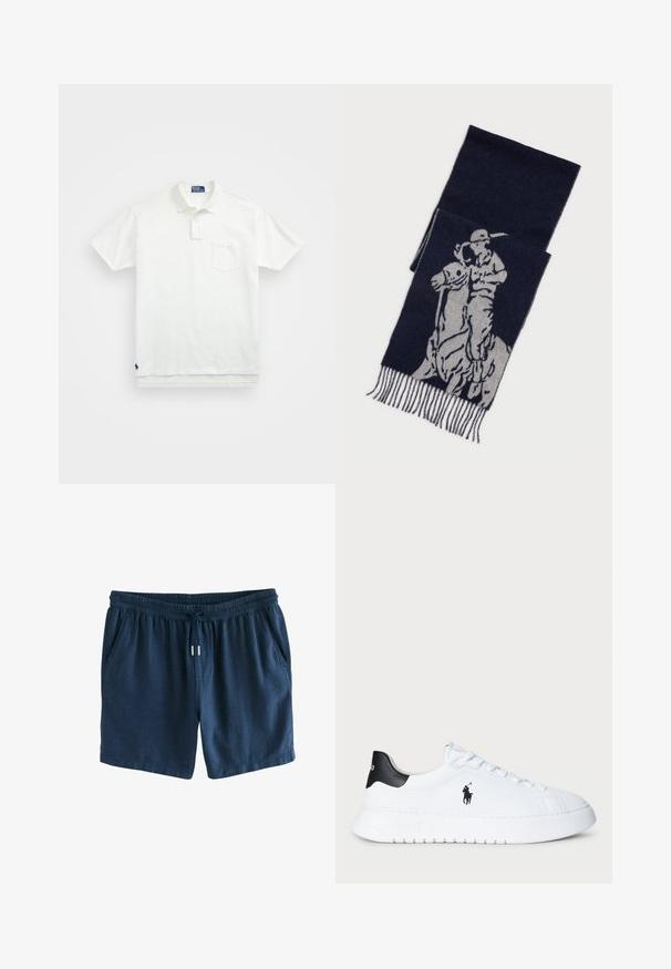 Bela polo majica iz bombaža, z klasičnim ovratnikom, trojnim gumbom in žepom na levi strani prsnega predela; majhna blagovna znamka na robu.; Temno modri kratki hlače iz lahkotnega materiala. Imajo elastičen pas z vrvico in dva stranska žepa. Preprost dizajn.; Bela nizka športna obutev s črnim petnim delom in črnim logotipom Polo Ralph Lauren na strani, z belimi vezalkami in debelim gumijastim podplatom.; Mornarsko moder šal z sivim grafičnim prikazom igralca poloja na konju, z resicami na robovih.