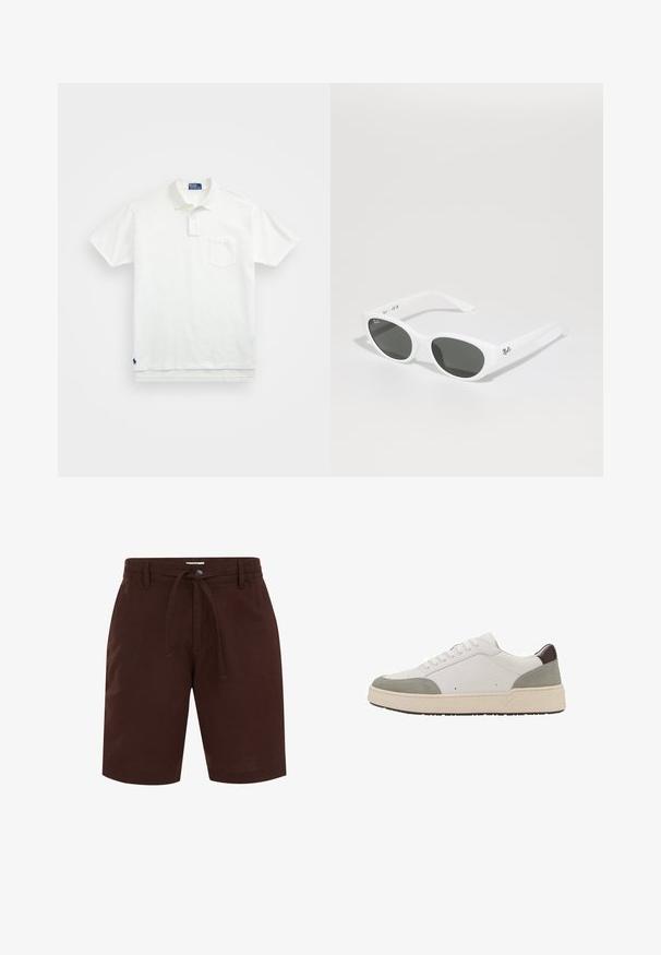 Polo bianco in cotone, con colletto classico, placca con tre bottoni e taschino sul lato sinistro del petto; piccolo logo sull'orlo.; Shorts in cotone marrone con vita elasticizzata, lacci e chiusura con un solo bottone. Taglio dritto senza motivi o accenti visibili.; Sneaker bianco con dettagli in suede grigio e pelle marrone scuro. Presenta un design con lacci, punta arrotondata, suola in gomma bianca spessa e cuciture minime.; Occhiali da sole bianchi con montatura arrotondata e lenti scure. Presentano una superficie in plastica liscia e un piccolo logo sulla tempia.