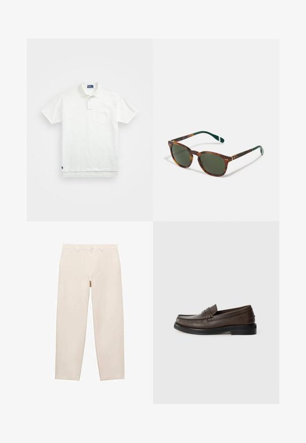 Valkoinen puuvillapaita, jossa on klassinen kaulus, kolmen napin malli ja vasemmalla rintatasku; pieni logo helman kohdalla.; Beige suorat housut, jotka on valmistettu pehmeästä kankaasta. Housuissa on vyölenkit, vetoketjukiinnitys ja kaksi sivutaskua. Puhtaat ja minimalistiset linjat.; Ruskea nahkainen loafer, jossa tikattu yksityiskohta varpaassa, tasainen pohja ja matala pinoheel. Sileä tekstuuri ja minimalistiset design-elementit.; Kilpikonnakuosis aurinkolasit, joissa on vihreät linssit, pyöreä muoto, kultaiset yksityiskohdat ja tummanvihreät sankat, joissa on valkoinen raita.
