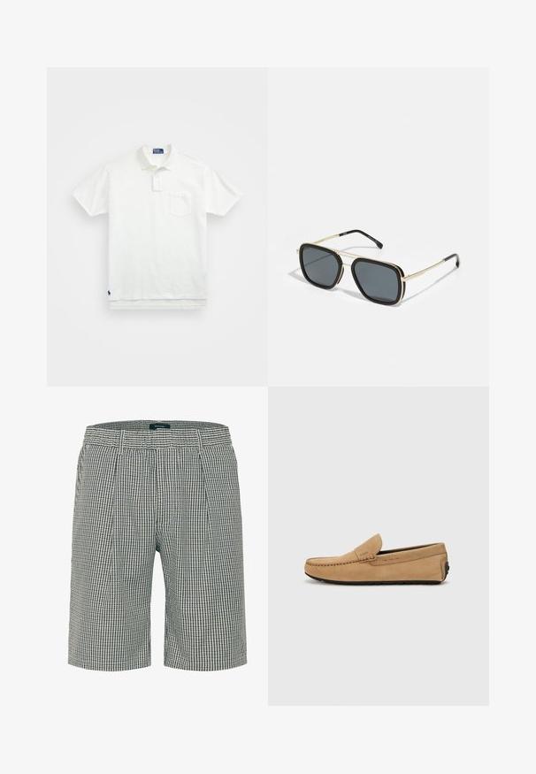 Fehér pólóing, pamutból készült, klasszikus gallérral, háromgombos végigfutóval és bal oldali zsebével; kis logó a szegélyen.; Férfi szabott rövidnadrág sötétkék és krémszínű kockás mintával. Jellemzői: sima eleje, két oldalsó zseb és övhurkokkal ellátott derék. ; Beige színű nubuk mokaszin cipő, varrott orral, slip-on kialakítással és fekete gumitalppal. Diszkrét logó található az oldalon.; Fekete és arany napszemüveg, négyzet alakú, fémből készült kerettel, sötétszürke lencsékkel és fekete karvégekkel. Dupla híd kialakítással rendelkezik.