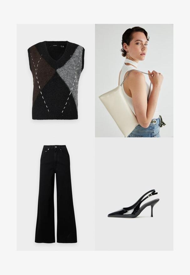 Colete de malha sem mangas com decote em V, apresentando um patchwork geométrico em preto, cinza e castanho, com costuras brancas de destaque e um acabamento texturizado.; Jeans pretos de ganga com perna larga, cintura alta, cinco bolsos, fecho frontal de botões e detalhes mínimos de costura.; Salgueiro em verniz preto com biqueira apontada e salto esguio. Apresenta uma correia ajustável com fivela na parte traseira. Textura suave.; Bolsa de mão retangular branca, feita de material brilhante, com uma alça em corrente prateada. Modelo posa, exibindo a bolsa contra um fundo simples.
