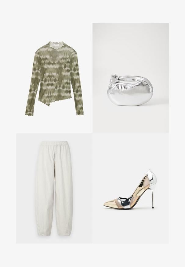 Ilga rankovė, žaliai dažyta viršutinė dalis su skaldyta apykakle ir kraštu. Savybė - įstrižas siūlas su tekstūriniais akcentais iš minkštos, lengvos medžiagos.; Šviesiai pilkos, dryžuotos medžiagos kelnės su elastinga juosmena, pasižyminčios laisvu, plačiu kirpimu, užtikrinančiu patogumą ir judėjimo laisvę.; Aštrus pirštas aukštakulnis batelis su sidabro, aukso ir nuogų spalvų deriniu. Blizgus paviršius su išpjovos dizainu, su stiletto kulnu.; Sidabrinė metalinė maišelio forma su švelnia, apvalia forma ir mazgu užveriamu viršumi. Pagaminta iš lygios dirbtinės odos medžiagos.; Sidabrinės pusmėnulio auskarai minimalistiniu dizainu. Apskritimo forma, lygus paviršius ir plonas profilis. Lengvi su poliruotu apdailu.