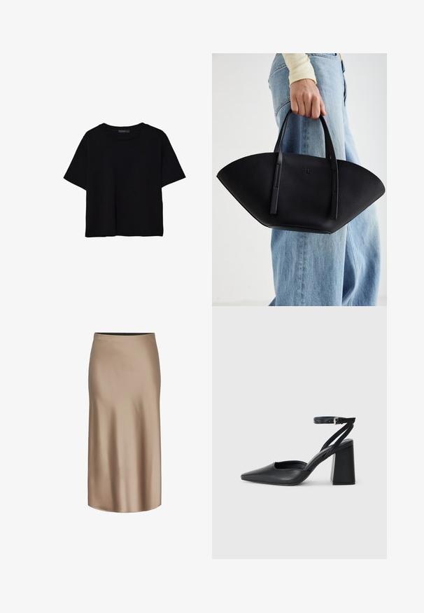 Črna kratkotrajna majica brez rokavov iz bombaža. Ima okroglo ovratnico in sproščen kroj z gladko, enostavno teksturo. Brez vidnih vzorcev ali dodatkov.; Rjava satenska midi krila z gladko teksturo, ravno silhueto in elastičnim pasom za udobje. Brez vidnih vzorcev ali akcentov.; Črne usnjene klasične čevlje z ostrim nosom, z zaponko za gleženj in debelim peto. Ravna tekstura, eleganten dizajn in minimalistična estetika.; Črna usnjena torbica z edinstveno obliko ventilatorja, z ravnimi ročaji. Površina ima teksturo z drobnimi kamni in minimalističen dizajn.