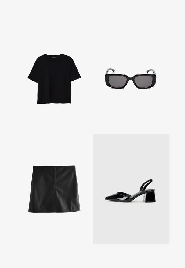 Black short-sleeve t-shirt made of cotton. Features a round neck and a loose fit with a smooth, plain texture. No visible patterns or accents.; Black leather mini skirt featuring a smooth texture, simple design, and minimal stitching, with a straight cut and no embellishments.; Black patent leather slingback heels with a pointed toe and a geometric block heel. Features a sleek, minimal design and smooth texture.; Black rectangular sunglasses with dark lenses, smooth plastic frame, and curved temples. The design is chunky with a minimalist aesthetic.