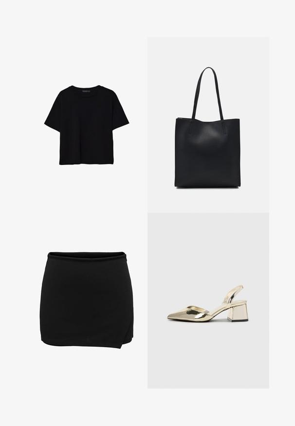 T-shirt nera a maniche corte in cotone. Presenta un collo rotondo e una vestibilità ampia con una texture liscia e uniforme. Nessun motivo o accento visibile.; Gonna nera con vita elastica, caratterizzata da un design avvolgente. Realizzata in un tessuto morbido, ha una silhouette semplice e pulita. Nessun dettaglio aggiuntivo.; Tacchi slingback metallici color oro con punta appuntita e tacco grosso. Texture liscia, design minimalista e una cinghia stretta.; Borsa tote in pelle nera con texture liscia, forma rettangolare e due manici lunghi. Nessun hardware o decorazione visibile.