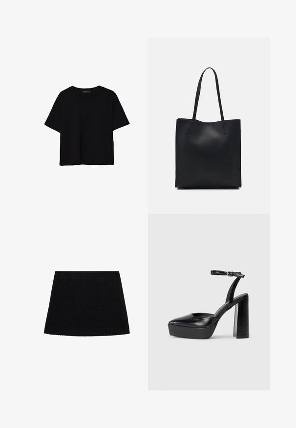 Černé tričko s krátkým rukávem vyrobené z bavlny. Má kulatý výstřih a volný střih s hladkým, jednobarevným povrchem. Bez viditelných vzorů nebo akcentů.; Černá áčková sukně vyrobená z texturované tkaniny, s rozšířeným lem a hladkým páskem. Jednoduchý design bez vzorů nebo kovových doplňků.; Černé platformové podpatky s špičatou špičkou a nastavitelným kotníkovým popruhem. Vyrobeny z hladké kůže, s masivním blokovým podpatkem.; Černá kožená taška přes rameno s hladkým povrchem, obdélníkovým tvarem a dvěma dlouhými uchy. Žádné viditelné kování ani ozdoby.