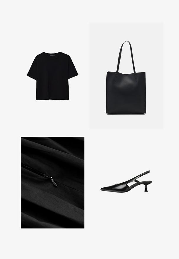 Black short-sleeve t-shirt made of cotton. Features a round neck and a loose fit with a smooth, plain texture. No visible patterns or accents.; Black fabric with a smooth texture and a visible zipper. The zipper has a metallic pull tab, blending subtly with the dark material.; Black patent leather slingback heels with a pointed toe, cut-out side design, and a small square heel. Smooth texture with minimal accents.; Black leather tote bag with smooth texture, rectangular shape, and two long handles. No visible hardware or embellishments.