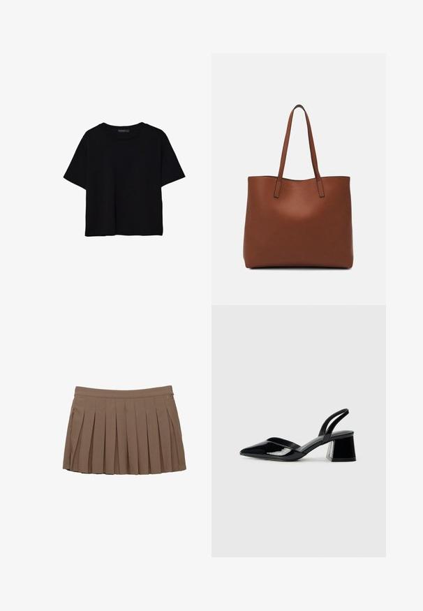 Mustat lyhyet hihavat t-paidat, jotka on valmistettu puuvillasta. Ominaisuuksiin kuuluu pyöreä kaula-aukko ja löysä istuvuus sekä sileä, yksinkertainen pinta. Ei näkyviä kuvioita tai koristeita.; Ruskea laskostettu mini-hame, jossa on vyötärö ja hillitty sivulogomerkintä valkoisella taustalla.; Mustat patentoitu nahkakengät, joissa on säären takaosa ja terävä kärki, sekä geometrinen palikkakorko. Sisältää tyylikkään, minimalistisen muotoilun ja sileän pinnan.; Ruskea nahkainen olkalaukku, jossa on sileä pinta, avoin yläosa ja kaksi olkahihnaa. Omaavat vain minimaalisen ompelun eikä näkyvää metalliosaa.