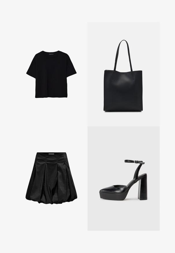 Črna kratkotrajna majica brez rokavov iz bombaža. Ima okroglo ovratnico in sproščen kroj z gladko, enostavno teksturo. Brez vidnih vzorcev ali dodatkov.; Črna krila s nabranim dizajnom, narejena iz sijočega in gladkega materiala. Ima razširjeno obliko, s cinčenim dnom in širokim pasom.; Črne platforme z visokimi petami in koničastim nosom ter nastavljivim gležnjenjskim trakom. Narejene iz gladke usnje, s kockasto peto.; Črna usnjena torba s svilnato teksturo, pravokotne oblike in dvema dolgima ročajema. Brez vidnih metalnih delov ali okrasnih elementov.