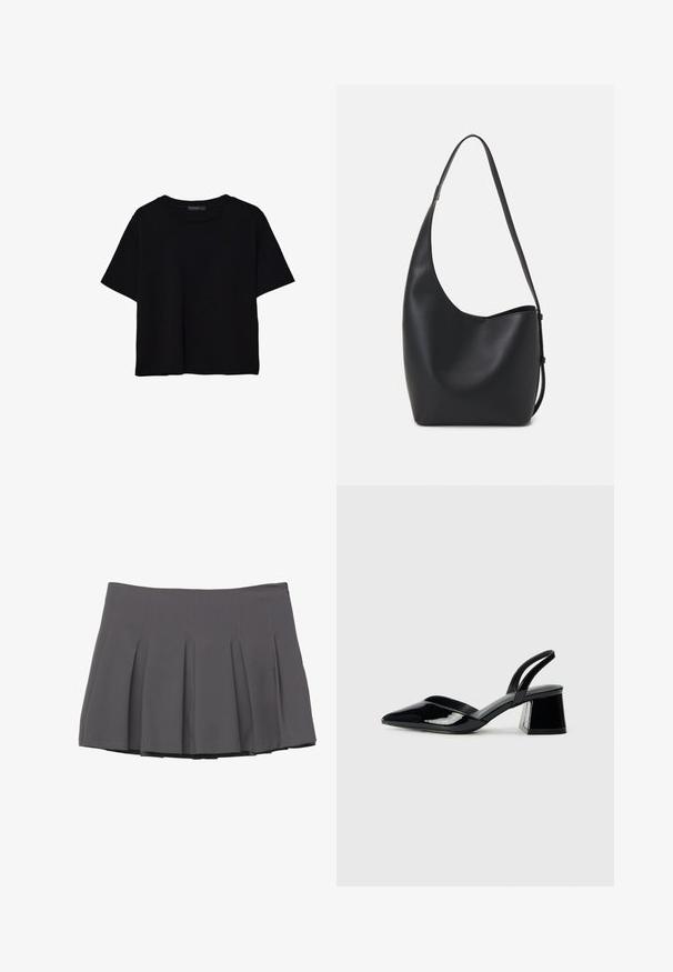 T-shirt noir à manches courtes en coton. Présente un col rond et une coupe ample avec une texture lisse et unie. Aucun motif ni accent visible.; Jupe plissée grise au tissu lisse, dotée de détails cousus et d'une taille ajustée, se terminant à la mi-cuisse.; Escarpins en cuir verni noir avec bout pointu et talon bloc géométrique. Présente un design élégant et minimaliste ainsi qu'une texture lisse.; Sac hobo en cuir noir avec une texture lisse, une forme incurvée et une seule sangle réglable ; dispose d'une large ouverture en haut.
