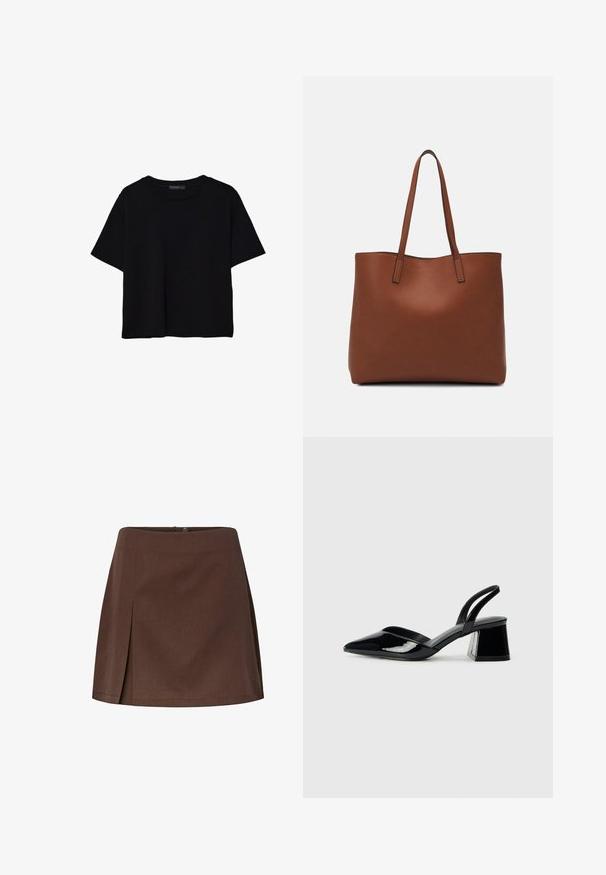 Černé tričko s krátkým rukávem vyrobené z bavlny. Má kulatý výstřih a volný střih s hladkým, jednobarevným povrchem. Bez viditelných vzorů nebo akcentů.; Hnědá áčková sukně vyrobená z texturované látky, která má jeden přední záhyb a zapínání na knoflík na zadní straně.; Černé lakované kožené lodičky na pásku s špičatou špičkou a geometrickým blokovým podpatkem. Vyznačují se elegantním, minimalistickým designem a hladkým povrchem.; Hnědá kožená taška přes rameno s hladkou texturou, otevřeným designem a dvěma ramenními popruhy. Obsahuje minimální švy a žádné viditelné kovové prvky.