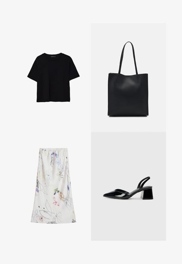 T-shirt noir à manches courtes en coton. Présente un col rond et une coupe ample avec une texture lisse et unie. Aucun motif ni accent visible.; Desigual WITH STROKES - Jupe longue - beige; Escarpins en cuir verni noir avec bout pointu et talon bloc géométrique. Présente un design élégant et minimaliste ainsi qu'une texture lisse.; Sac fourre-tout en cuir noir avec une texture lisse, de forme rectangulaire et deux longues poignées. Pas de matériel ou d'ornementations visibles.