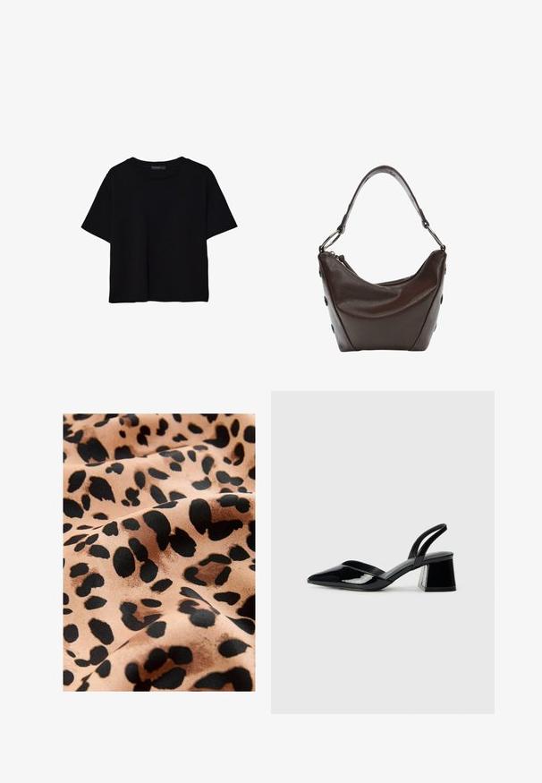 Mustat lyhyet hihavat t-paidat, jotka on valmistettu puuvillasta. Ominaisuuksiin kuuluu pyöreä kaula-aukko ja löysä istuvuus sekä sileä, yksinkertainen pinta. Ei näkyviä kuvioita tai koristeita.; Kangaskuvio, jossa on suuria mustia laikkuja vaaleassa taustassa, joka on sileää satiinia ja virtaa kauniisti.; Mustat patentoitu nahkakengät, joissa on säären takaosa ja terävä kärki, sekä geometrinen palikkakorko. Sisältää tyylikkään, minimalistisen muotoilun ja sileän pinnan.; Tumma ruskea nahkalaukku, jossa on kaareva muoto, vetoketjusuljenta ja lyhyt kahva. Varustettu metalliosilla ja koristeellisilla mustilla nappuloilla sivuilla.