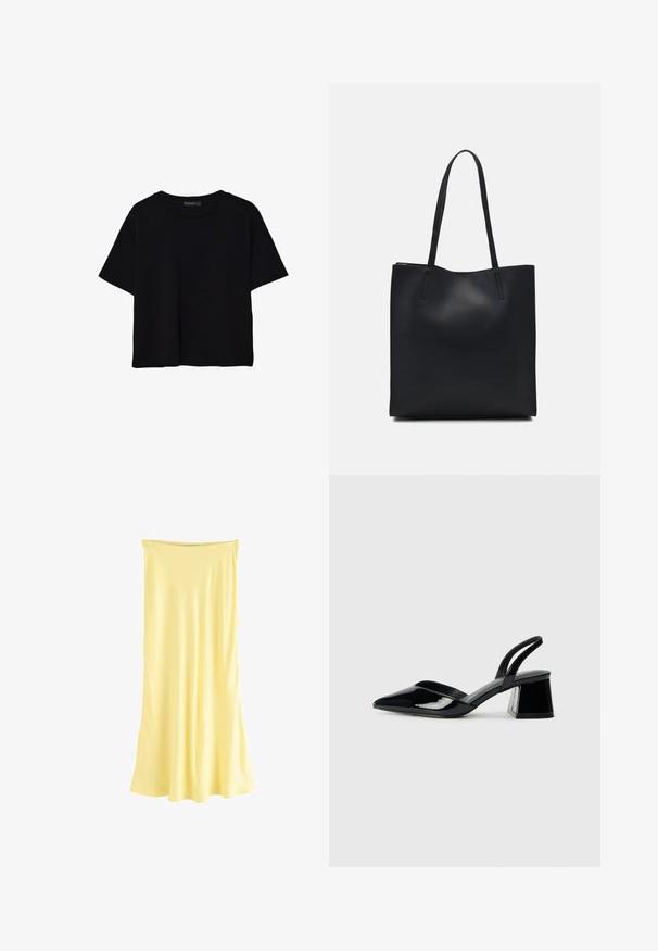 Crna majica kratkih rukava od pamuka. Ima okrugli izrez i labav kroj s glatkom, jednoličnom teksturom. Nema vidljivih uzoraka ili akcenta.; Žuta, bez rukava, haljina do koljena napravljena od glatkog, laganog materijala s lepršavim siluetom i ravnim dekolteom.; Crne lakirane kožne sandale s otvorenom petom i špicastim vrhom, s geometrijskom blok petom. Imaju elegantan, minimalistički dizajn i glatku teksturu.; Crna kožna torba za nošenje s glatkom teksturom, pravokutnim oblikom i dvije duge ručke. Nema vidljivih metalnih dijelova ili ukrasa.