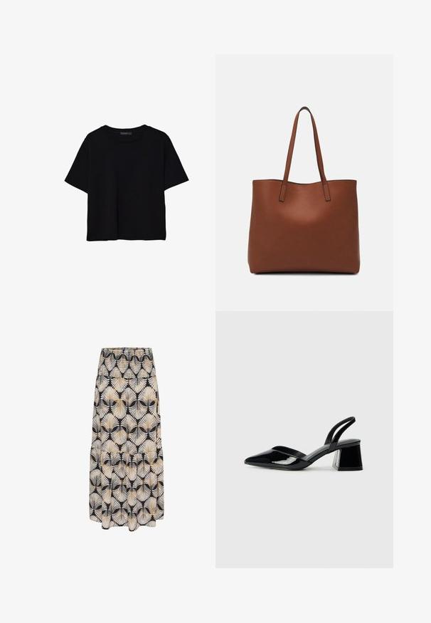 Zwart kortemouwen t-shirt van katoen. Heeft een ronde hals en een losse pasvorm met een gladde, egaal textuur. Geen zichtbare patronen of accenten.; Zwarte rok met een wit en gouden bladerenpatroon, gegatherde tailleband, vloeiende vorm en gelaagd zoomdetail. De stof lijkt licht en zacht.; Zwarte gepatineerde leren slingback hakken met een spitse neus en een geometrische blokhak. Kenmerkt zich door een slank, minimalistisch ontwerp en een gladde textuur.; Bruine leren tote bag met een gladde textuur, een ontwerp met een open bovenkant en twee schouderbanden. Kenmerkt zich door minimale stiksels en geen zichtbare hardware.