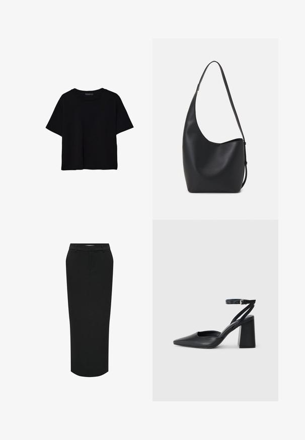 Černé tričko s krátkým rukávem vyrobené z bavlny. Má kulatý výstřih a volný střih s hladkým, jednobarevným povrchem. Bez viditelných vzorů nebo akcentů.; Černá, vysoká tužková sukně. Vyrobená z hladkého materiálu, s rovnou siluetou a bočními kapsami pro elegantní vzhled.; Černé kožené lodičky se špičatou špičkou, kotníkovým páskem a silným podpatkem. Hladká textura, elegantní design a minimalistická estetika.; Černá kožená hobo taška s hladkým povrchem, zakřiveným tvarem a jedním nastavitelným popruhem; má široké otevírání nahoře.