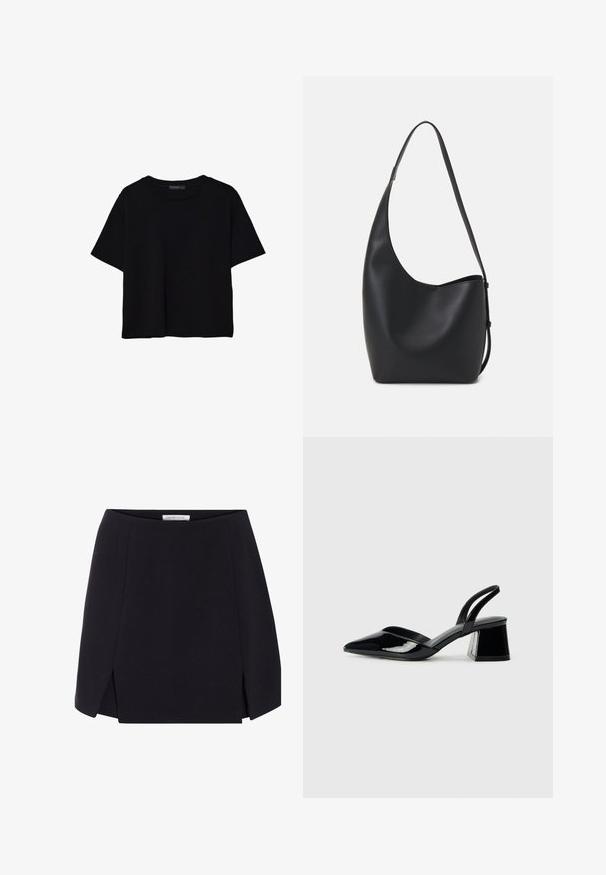 Svart t-shirt med kort ärm tillverkad av bomull. Har en rund hals och en lös passform med en slät, enfärgad yta. Inga synliga mönster eller accenter.; Svart A-linjeformad kjol med en slät textur, med sidoklyftor och en ren, minimalistisk design. Etikett synlig vid midjan.; Svarta lackläder slingback klackar med spetsig tå och geometrisk klack. Har en elegant, minimalistisk design och slät yta.; Svart läder hobo-väska med en slät textur, kurvig form och en justerbar axelrem; har en bred öppning upptill.