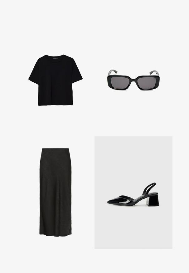 Schwarzes T-Shirt mit kurzen Ärmeln aus Baumwolle. Verfügt über einen runden Ausschnitt und einen lockeren Schnitt mit einer glatten, einfarbigen Textur. Keine sichtbaren Muster oder Akzente.; Schwarze, bodenlange Rock aus strukturiertem Stoff. Verfügt über einen glatten Bund, leichten Fall und ein minimalistisches Design ohne zusätzliche Details.; Schwarze Lackleder-Slingback-High Heels mit spitzem Schuh und einem geometrischen Blockabsatz. Verfügt über ein schlankes, minimalistisches Design und eine glatte Textur.; Schwarze rechteckige Sonnenbrille mit dunklen Gläsern, glattem Kunststoffrahmen und gebogenen Bügeln. Das Design ist klobig mit einer minimalistischen Ästhetik.