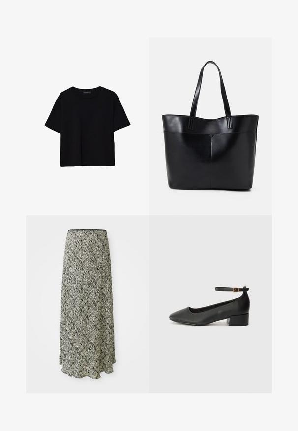 Čierne tričko s krátkym rukávom vyrobené z bavlny. Má okrúhly výstrih a voľný strih s hladkou, jednofarebnou textúrou. Žiadne viditeľné vzory ani akcenty.; Čierna a krémová midi sukňa s vlnitým vzorom, hladkou textúrou a zúbkovaným lemom; vyrobená z ľahkej tkaniny.; Čierne kožené lodičky s špicatou špičkou a nízkym blokovým podpätkom. Obsahuje remienok okolo členka so zlatým prackou. Hladký povrch.; Čierna kožená tote taška s dvoma dlhými rúčkami, hladkým povrchom a štruktúrovaným tvarom. Obsahuje prednú kapsu pre dodatočné uskladnenie.
