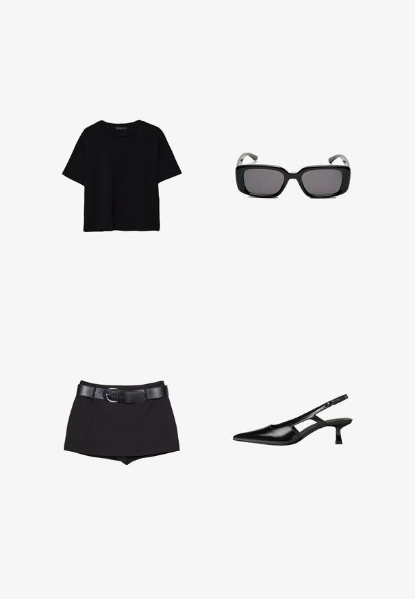 Mustat lyhyet hihavat t-paidat, jotka on valmistettu puuvillasta. Ominaisuuksiin kuuluu pyöreä kaula-aukko ja löysä istuvuus sekä sileä, yksinkertainen pinta. Ei näkyviä kuvioita tai koristeita.; Mustat shortsit sileällä pinnalla, joissa on leveä musta vyö ja hopeinen solki, muotoiltu istuvaksi malli, jossa on hieman korkea vyötärö.; Mustat lakatut nahkakengät, joissa on viistopää, leikattu sivusuunnassa ja pieni neliökoroke. Sujuva pinta, jossa on minimaalinen koristelu.; Mustat suorakulmaiset aurinkolasit tummilla linsseillä, sileä muovikehys ja kaarevat templet. Suunnittelu on jykevä ja minimalistinen.