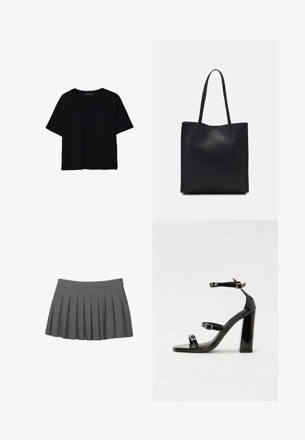 Crna majica kratkih rukava od pamuka. Ima okrugli izrez i labav kroj s glatkom, jednoličnom teksturom. Nema vidljivih uzoraka ili akcenta.; Siva plisirana mini suknja s pojasom na gumbe i malim logom na desnoj strani.; Crne lakirane sandale na pete sa kvadratnim nosom, trakama oko gležnja i srebrnim kopčama. Imaju čvrst blok petu za stabilnost.; Crna kožna torba za nošenje s glatkom teksturom, pravokutnim oblikom i dvije duge ručke. Nema vidljivih metalnih dijelova ili ukrasa.